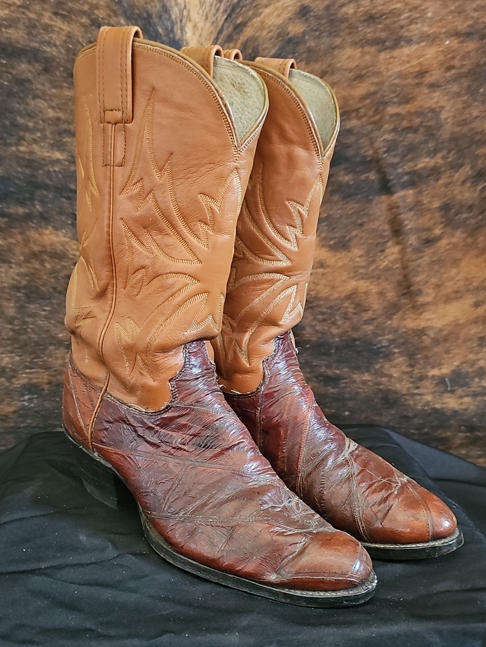 Womens Olathe Two-Tone Tan and Brown Exotic Eel Skin Cowboy Boots